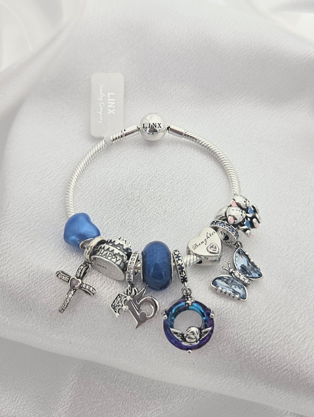 Linx Snake Chain Bracelet with Blue Religious Quinceanera Charms